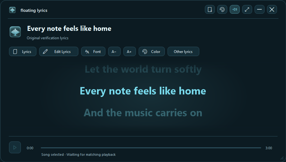 Floating Lyrics Windows app in the Arctic Cyan theme. Explore the controls for explanations.
